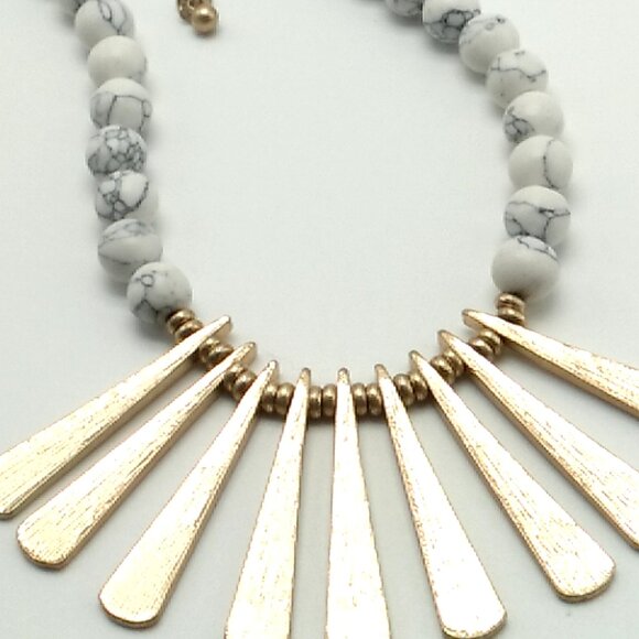 Long Marbled Beaded Statement Necklace with Gold-tone Textured Bar Pendants - Picture 12 of 16